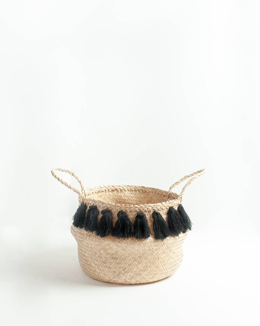 Black Tasseled Belly Baskets: Medium